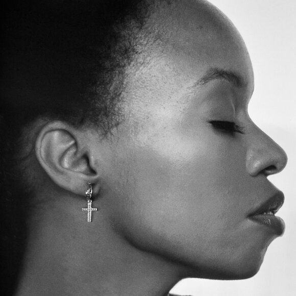 "Claudia" NEW Turquoise Gold Cross Christian Huggie Hoop Fashion Earrings - Picture 3 of 3